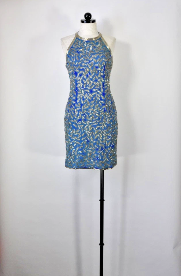 Mini Vestido Halter Sin Espalda Hojas Joyas Cuentas Plata Azul Seda Años 80 De Colección S Foto 3 de 4