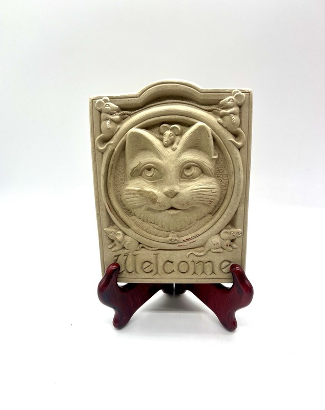 Carruth Studio "Welcome Cat" Wall Plaque Cast Stone 5” X 4” Heavy See Photos