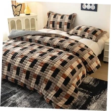 Flannel Sherpa Twin XL Comforter Set, Soft Twin（90" x 70"） Gray-card Small Grid