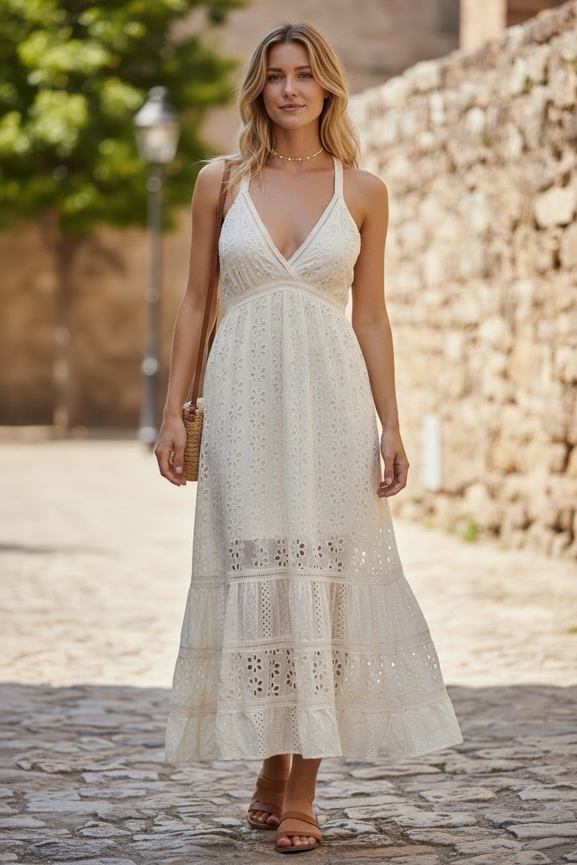 A COLLECTIVE STORY Cream Eyelet Boho Maxi Dress XL NWT Cottage Romantic Summer