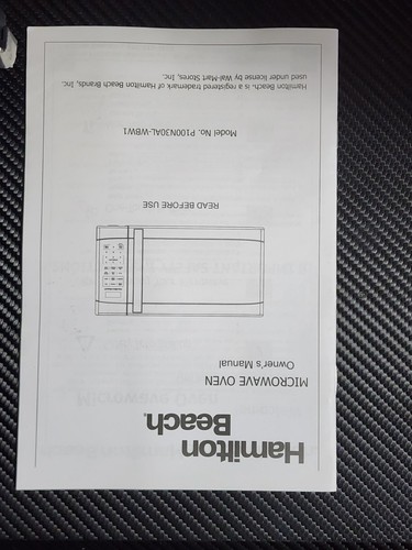 Owner’s Manual for Hamilton Beach Microwave Oven HB61S100027880 English - Bild 2 von 2