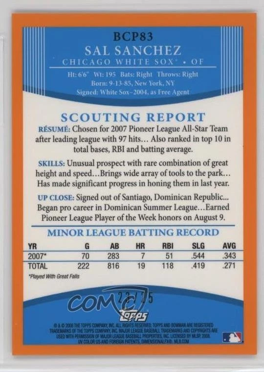 2008 Bowman Chrome Prospects Orange Refractor /25 Sal Sanchez #BCP83 - Image 2 of 2