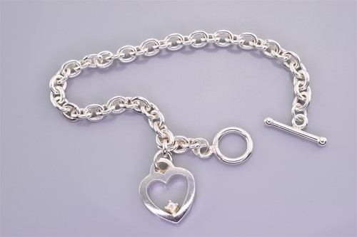 Sterling Silver 5mm Solid Oval Diamond Accent Heart 925 Toggle Bracelet 17g 7.5" - Picture 2 of 5