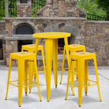 24'' Round Yellow Metal Indoor-Outdoor Restaurant Bar Table Set w/4 Barstools