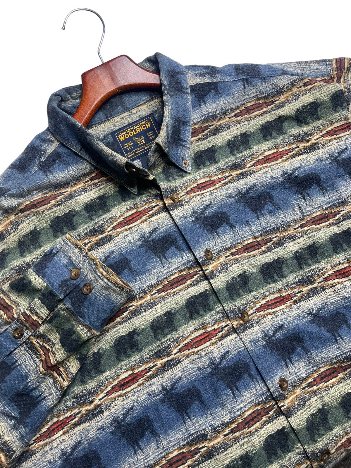 Vintage Woolrich Button Down Flannel Shirt Men's XXL Deer Elk Aztec Southwest