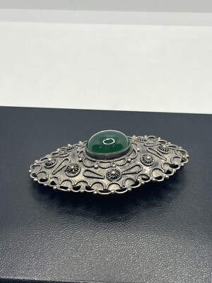 800 silver ornate antique green cabochon stone trombone clasp