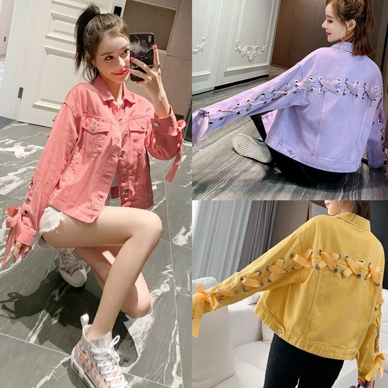 Women Denim Jacket Coat Blazer Lace Up Crop Top Harajuku Punk Loose Casual - Image 2 of 4