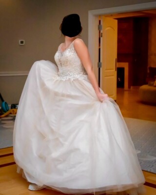 New, prom dress, worn once, white, size small, ball gown, brand: Dancing Queen