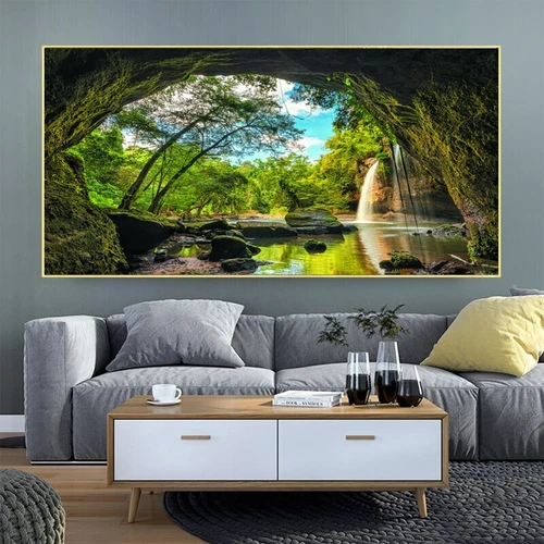 Landscape Picture Hole Tree Waterfall Canvas Painting Home Decor Poster Wall Art - Picture 1 of 6