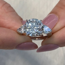 3.20Ctw Round  Pear Moissanite Three Stones Engagement Ring Solid 950 Platinum