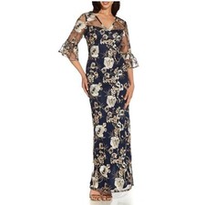 Adrianna Papell Floral Embroidered V-Neck 3/4 Elbow Bell Sleeve Gown Navy SIZE 2