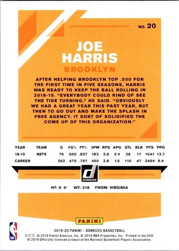 2019-20 Panini Donruss - Joe Harris #20 Holo Orange Laser - Picture 2 of 2