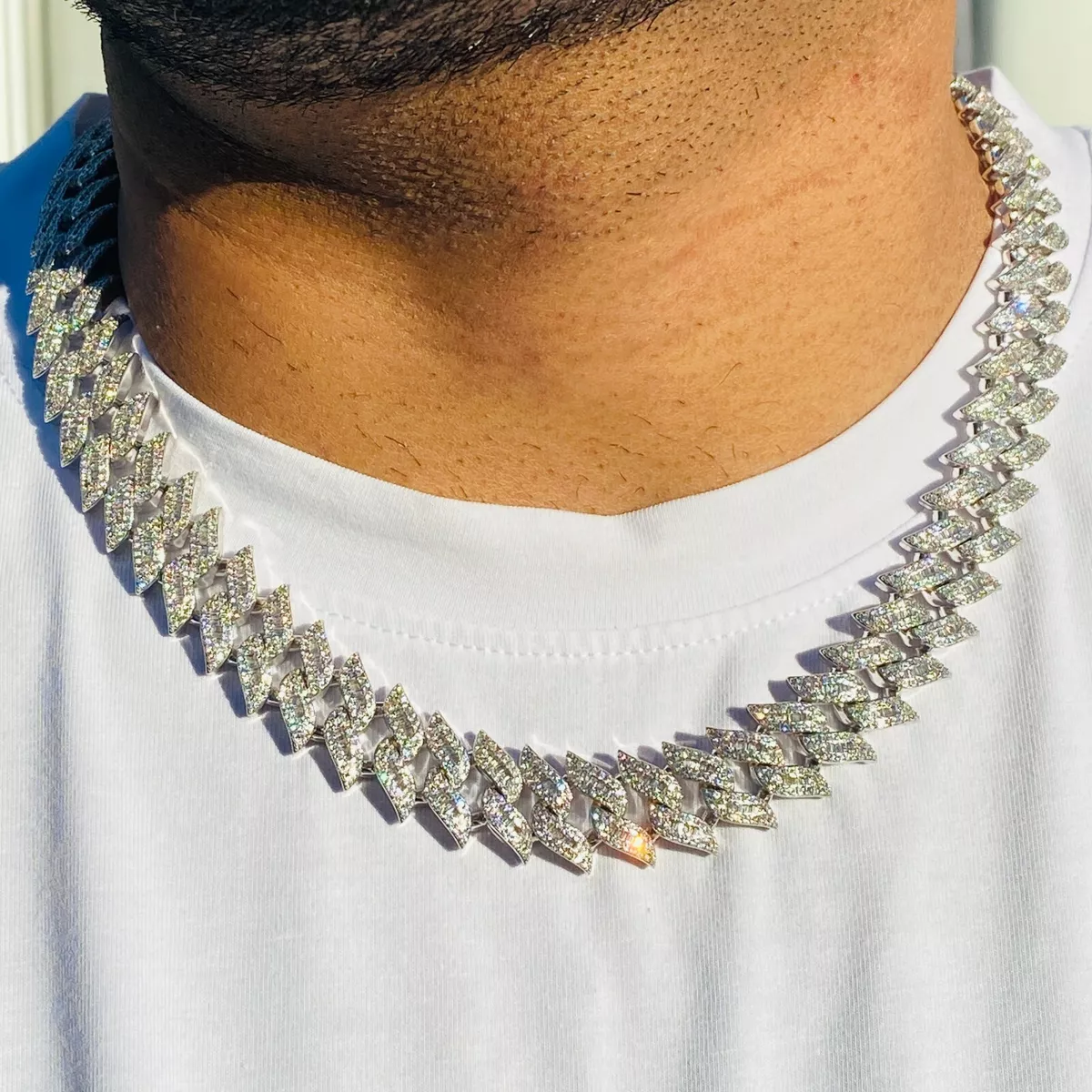 Miami Cuban Diamond Prong Link Hip Hop Choker Iced 14K Yellow Gold Plated  Chain