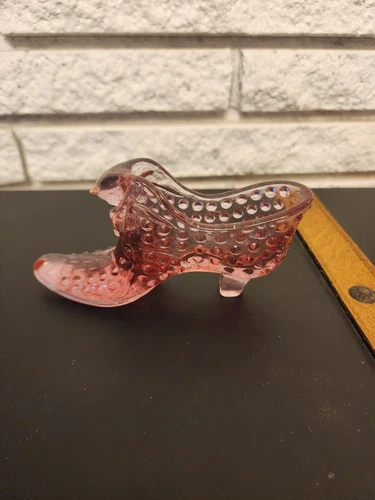 Fenton Pink/Rose Glass Cat Head Hobnail Slipper 2 1/2"T x 6"L