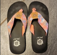 Yellow Box Flip Flops, Palm Print, Size 6
