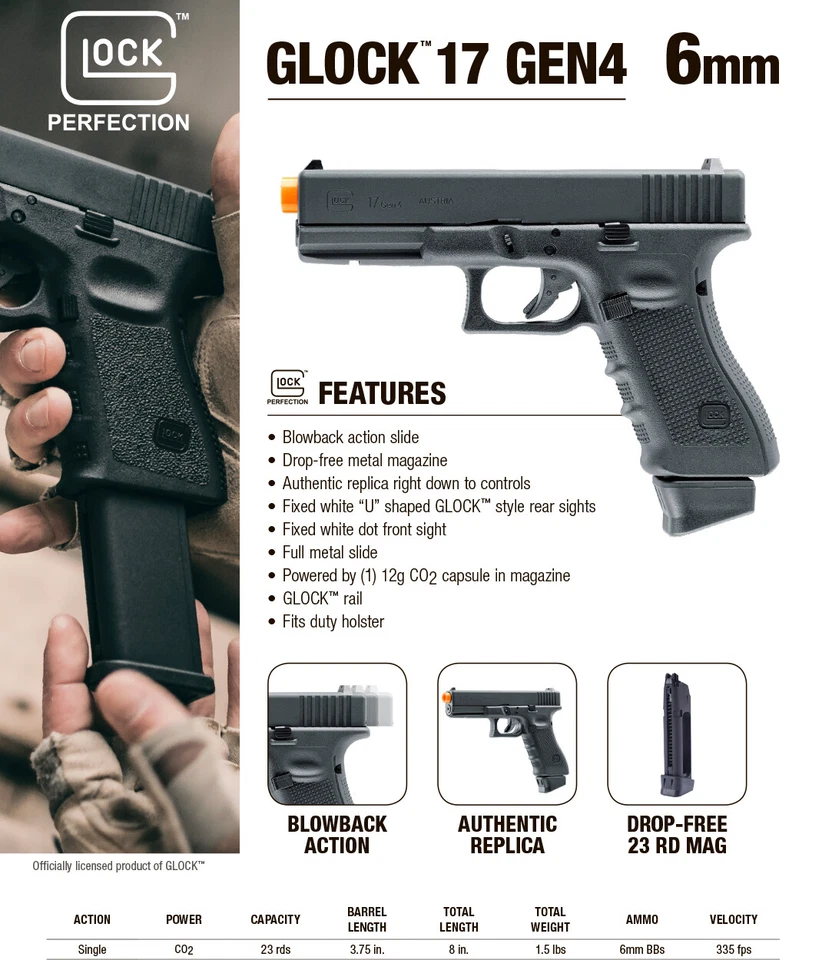Pistola de Airsoft Umarex Glock G17 Gen 4 CO2 Blowback 6 mm con paquete Wearable4U Foto 3 de 4