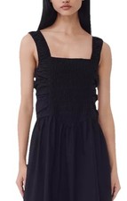 GANNI SMOCKED POPLIN COTTON WASHED BLACK MIDI DRESS 10 US/42