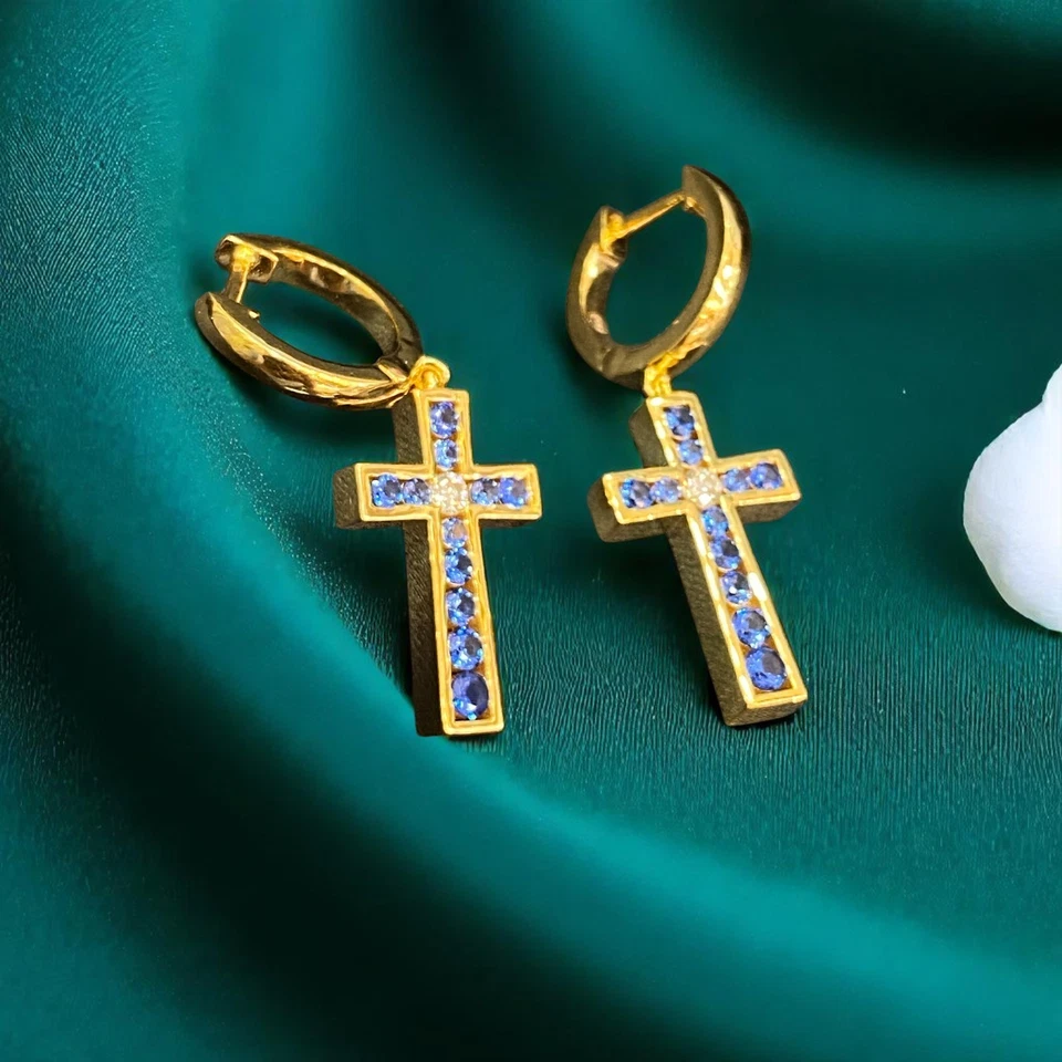 1,36 cts F/VS1 Natürliche Diamanten Blauer Saphir Unisex-Kreuz Ohrringe 18K Gold - Bild 2 von 4