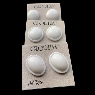Glorius White Lucite Dome Stud Earrings Lot of 3 Surgical Steel Posts Round VTG