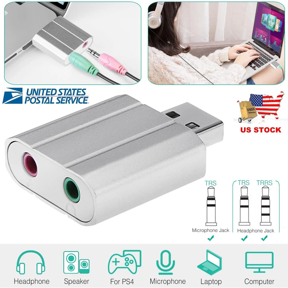 USB Audio Adapter External Stereo Sound Card w/ 3.5mm Headphone Microphone Jack - Image 3 of 4