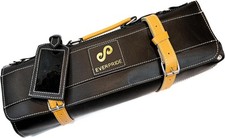 Black Top Grain Leather Chef Knife Roll Storage Bag Gold Trim