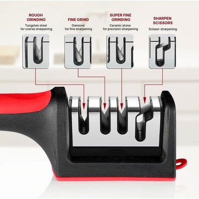 4-in-1 Kitchen Knife and Scissor Sharpener Diamond Ceramic Tungsten Red Black