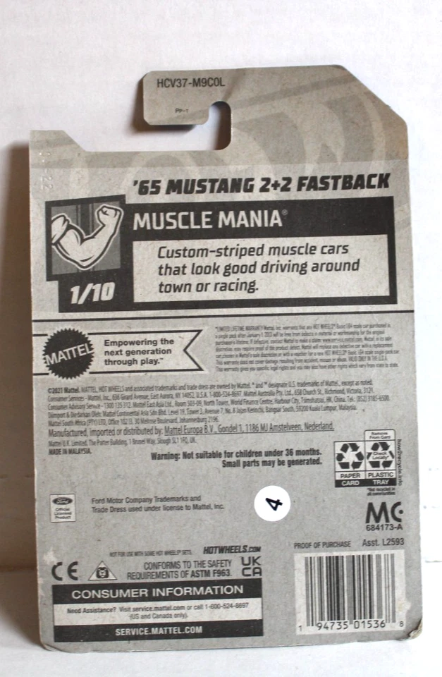 Hot Wheels 2022 Muscle Mania 1/10 '65 Mustang 2+2 Fastback #192/250 Green - New - Image 2 of 2
