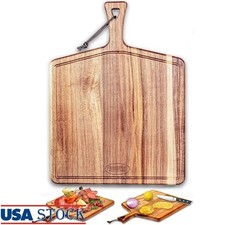 Acacia Wood Cutting Board Charcuterie Cheese Pizza Serving Board W/ Handle New