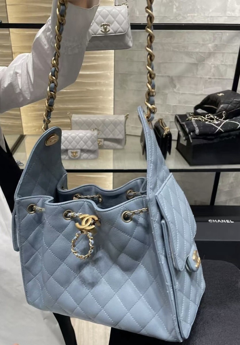 Auth BNIB Chanel 25 Hobo Bag Small Baby Blue Denim Blue Aged Gold
