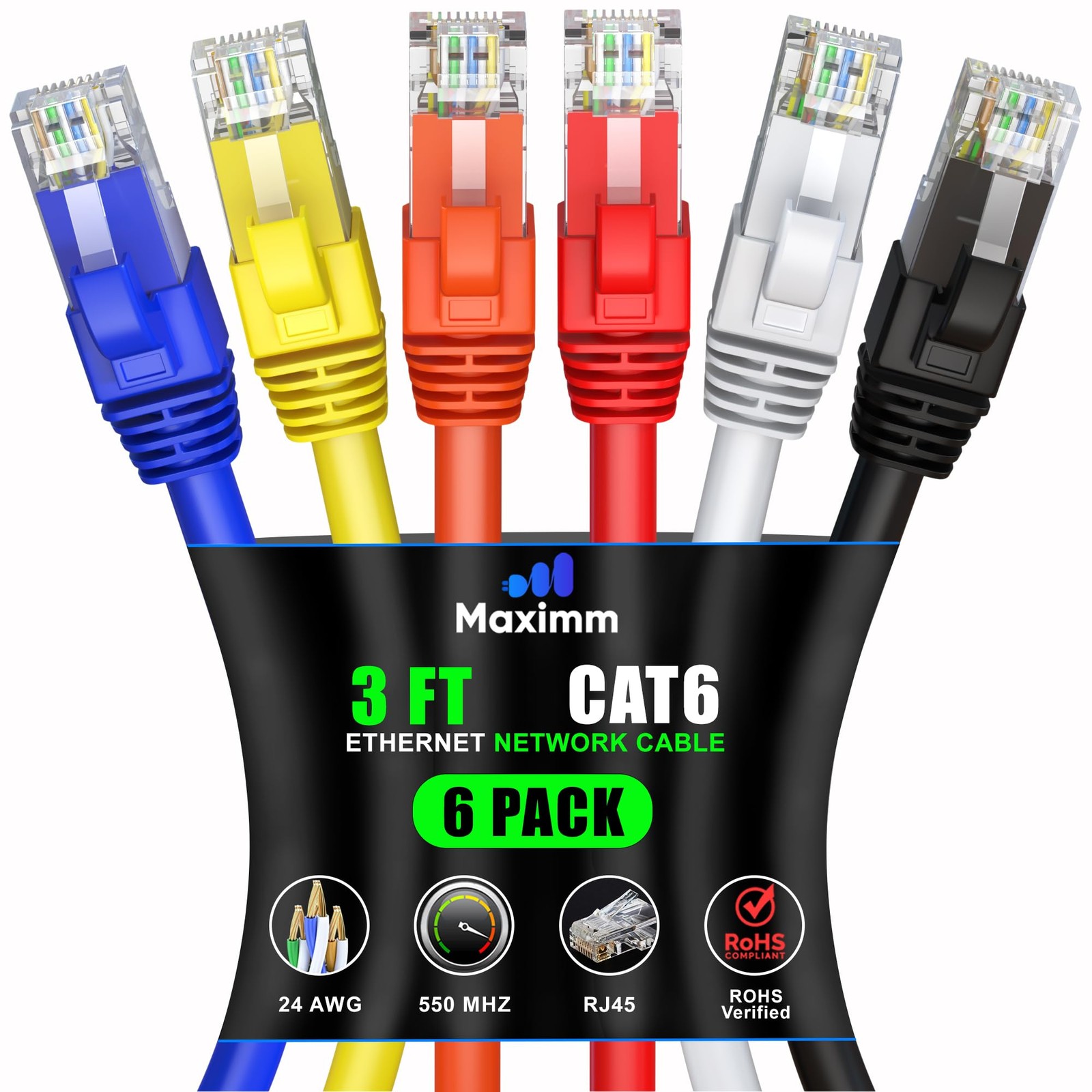 3 ft Cat 6 Ethernet Cable 6-Pack - High-Speed LAN Network Internet Cable for Gaming & Streaming