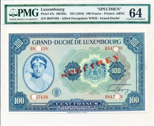 Allied Occupation WWII-Grand-Duche Luxembourg 100 Francs ND(1944)  PMG  64
