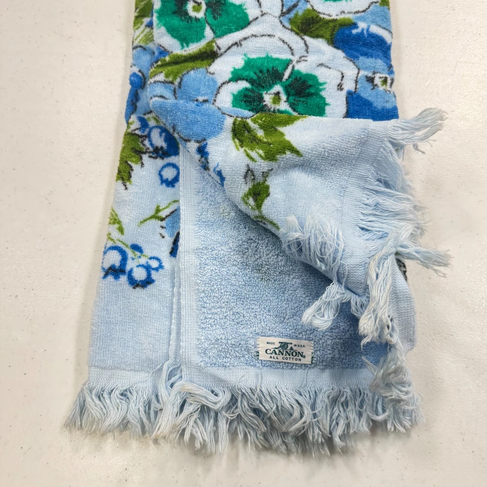 vintage cannon bath towel blue floral peony fringe cotton rectangle mcm usa - Image 3 of 4