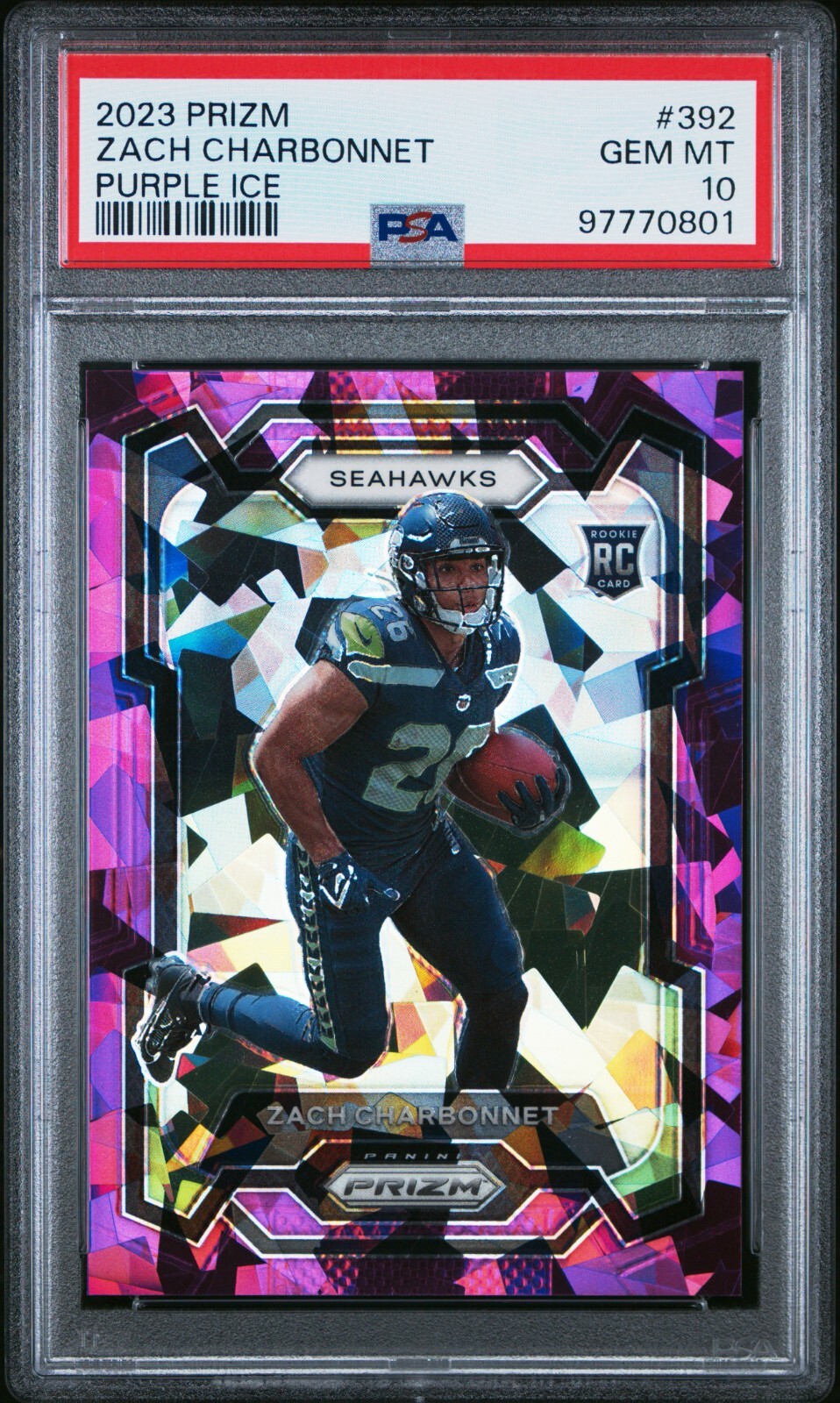 Zach Charbonnet 2023 Prizm Purple Ice Rookie /225 PSA 10 #392 RC