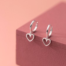 925 Sterling Silver Huggie Hoop Earrings with Open Heart Charm A1900