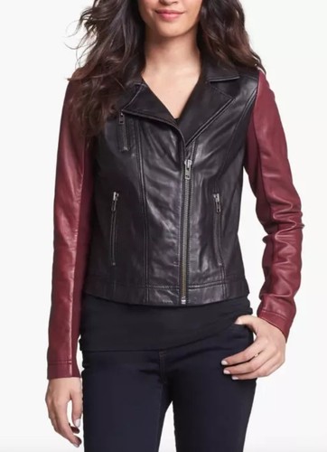 Size Medium Halogen Womens Burgundy Black Colorblock Moto Leather Jacket Biker - Picture 1 of 9