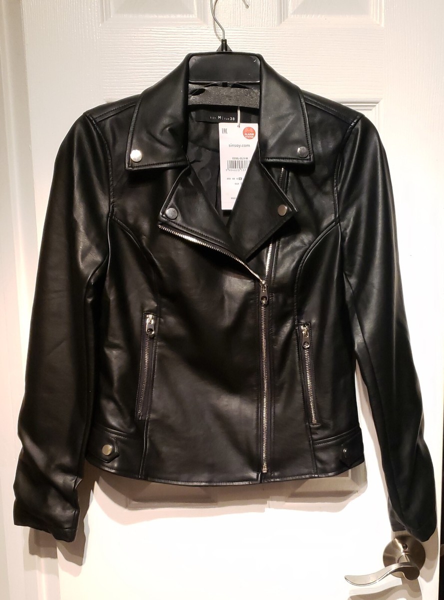 Sinsay Women Black Faux Leather Moto Biker Jacket Size US M