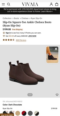 Vivaia Ryan Slip-On Square-Toe Ankle Chelsea Boots Sz39 or