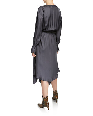 brunello cucinelli silk dress Brunello Cucinelli, Crispy silk belted dress with pleated detail and precious strap, Brown, XXL