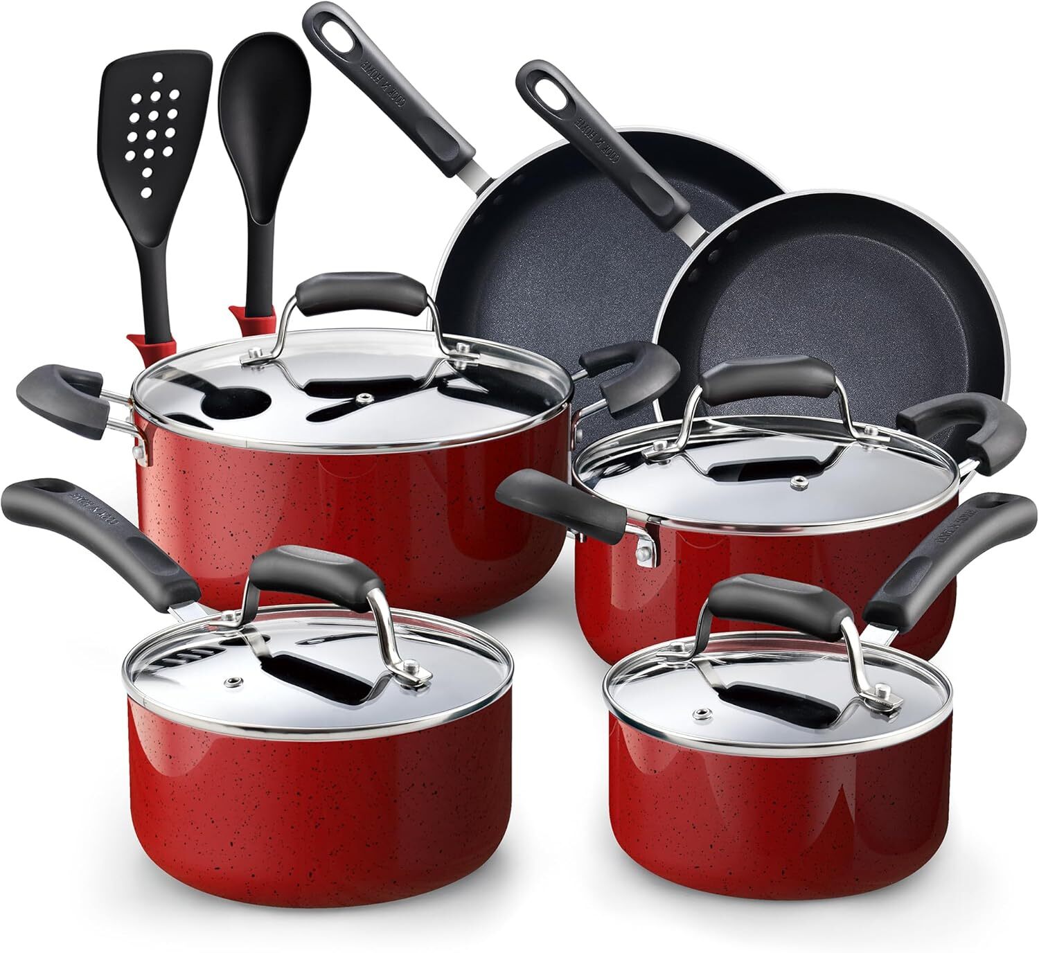 Cook N Home Pots and Pans Nonstick Cookware 12 Piece Set, Marble Red