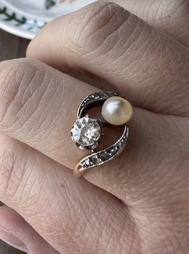 French Antique 4 2mm Old European Cut Diamond Pearl Toi Et Moi Ring 18k Gold Oec Ebay