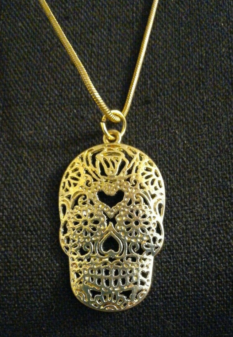 Sugar Skull Day Of The Dead Necklace Gold Tone 24