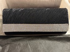 J FRANCIS BLACK SATIN CLUTCH CRYSTALS DUST BAG REMOVABLE STRAP