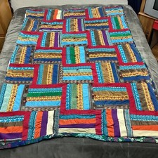 Vintage Handmade Quilt Twin Size Throw Blanket Colorful Corduroy Patch 72x49 in