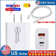 20W PD QC 3.0 USB Wall Charger Quick Fast Charge 2 Ports Adapter Power w/ Cable