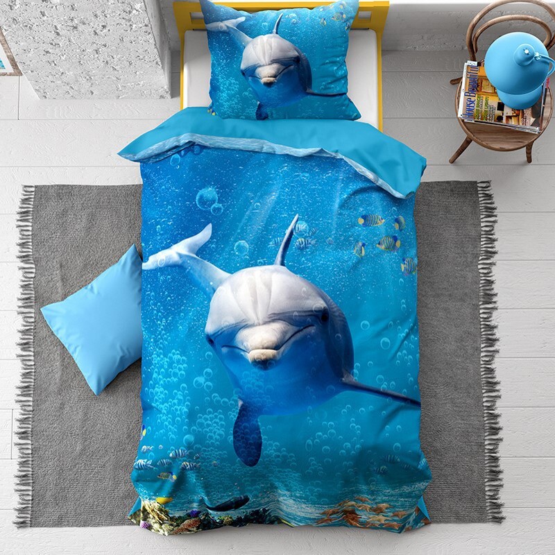 Housse de Couette 140x200 Dauphin Dolly Bleu avec sa Taie en Coton pour Enfant