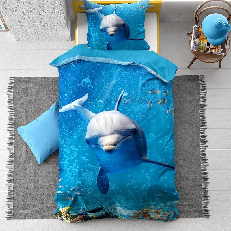 Set Housse de Couette 140x200+Taie Oreiller 100% Coton Enfant Dauphin Dolly Bleu - Photo 1/4