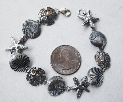 Ocean Beach 925 Sterling Silver Bracelet - Sand Dollar, Starfish & Seashell Charms - 7.5"