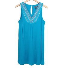 Luxology Turquoise Blue Embroidered Sequin V-Neck Sleeveless Shift Dress Medium