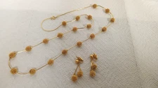 30" TRIFARI NECKLACE AND EARRINGS GOLD TONE BEEHIVE COIL WIRE BALL SIGNED MESH