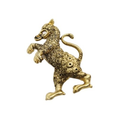 Heraldic Figural Lion Brooch Pin Gold Tone Floral Texture Statement Vintage